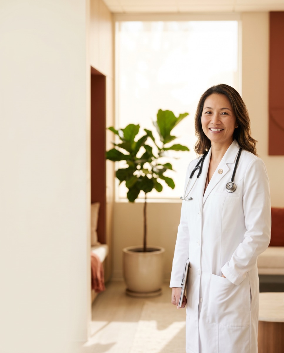Smiling clinician in a white coat standing in a warm, sunlit clinic