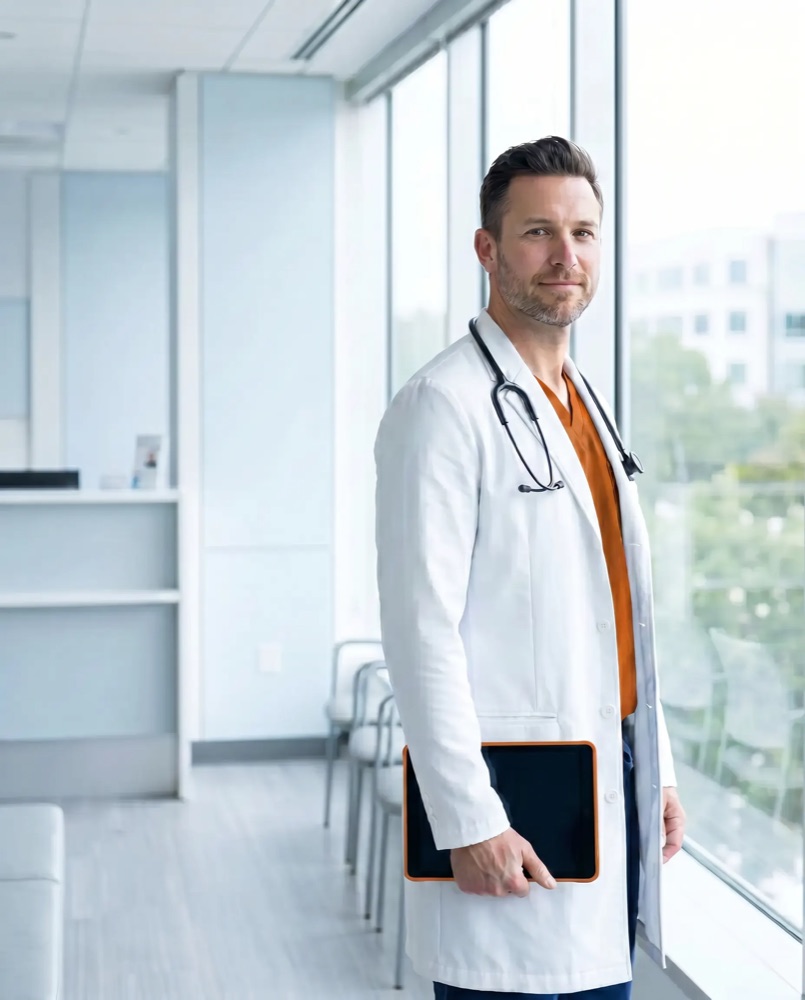 Clinician holding a tablet in a bright modern clinic